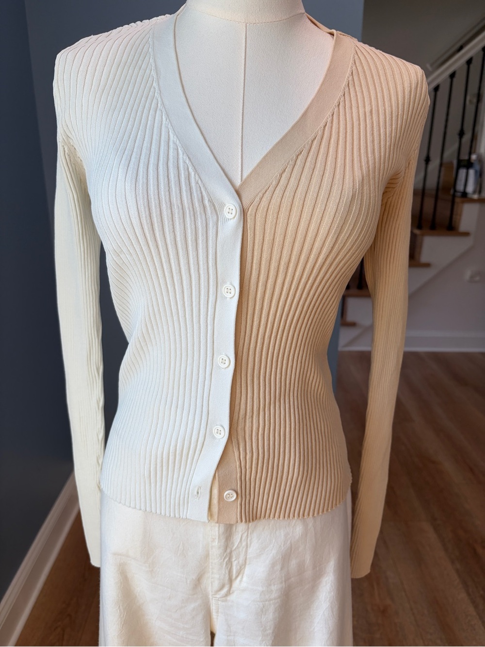STAUD Two Tone Ribbed Knit Cardigan Cream Beige XS